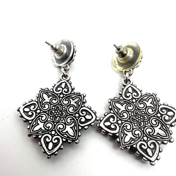 Brighton Clear Rhinestone Black Enamel Danale Medallion Pierced Earrings 2 inch - Picture 3 of 5